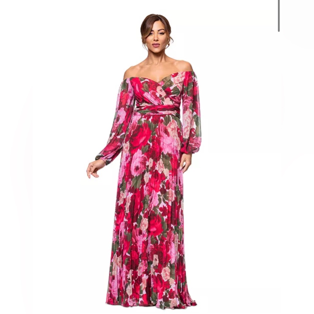 Xscape Floral-Print Pleated Off-The-Shoulder Gown